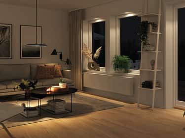 Kveldsbilde av stuen i huset Eva