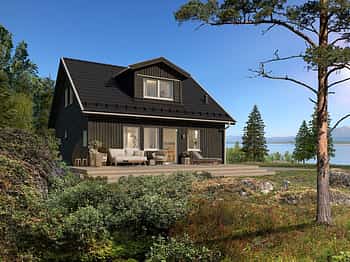 Bilde av huset Lasse med 34 graders takvinkel, forhøyet veggliv og ark på taket