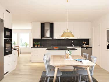 Bilde av kjøkkenet i husmodellen Edith, med innebygde hvitevarer i svart og stål fra Electrolux