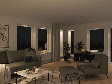 Kveldsbilde av stuen i huset Alvar
