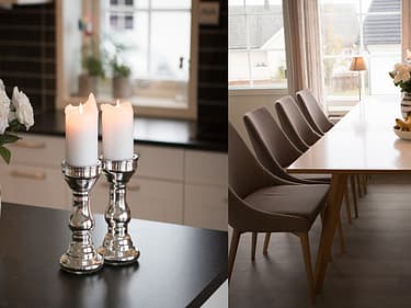 Todelt bilde av stearinlys og spisebordet