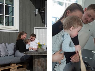 Todelt bilde av familie i huset sitt
