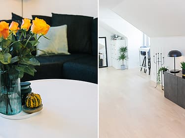 Todelt bilde av blomster som er plassert rundt i huset