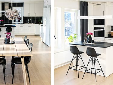 Todelt bilde av kjøkken og spisebordet i stuen