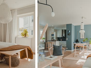 Todelt bilde av stue og innredning