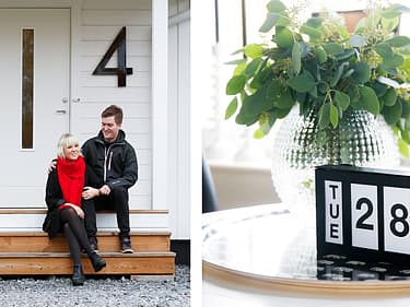 Todelt bilde av paret på trappen ved inngangen og dekor i stuen