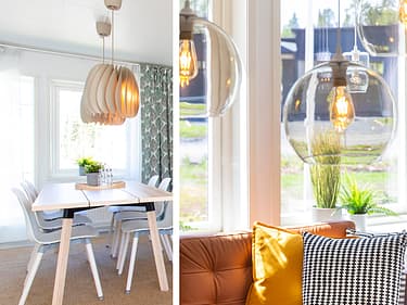 bilde av spisestue og nærbilde av lamper