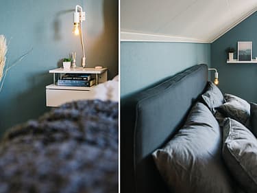 Todelt bilde av blåmalt soverom med seng og dekor