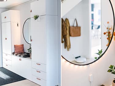 Todelt bilde av gang med dekor og speil for å skape et hyggelig rom