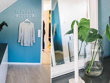 Todelt bilde av blå rom som er gjennomgående i boligen