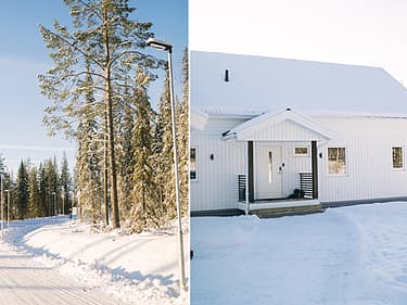Todelt bilde av huset de har kjøpt og uteområdet