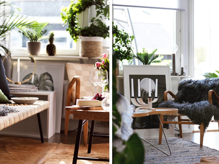 Bilder av innredning i stue med lyse grå vegger