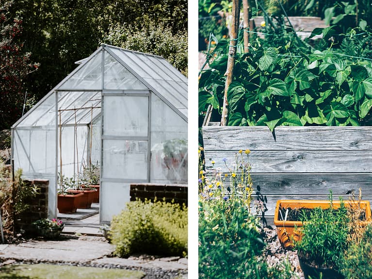 Todelt bilde av drivhus og plantekasser