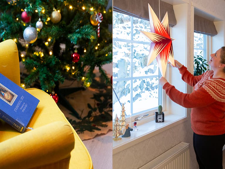 Todelt bilde av juletre og mor som henger opp stjerner i vinduet til jul