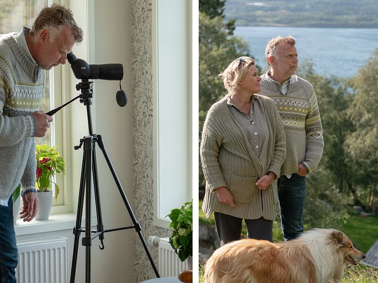 Todelt bilde av mann som ser i kikkert og par som speider ut på utsikten