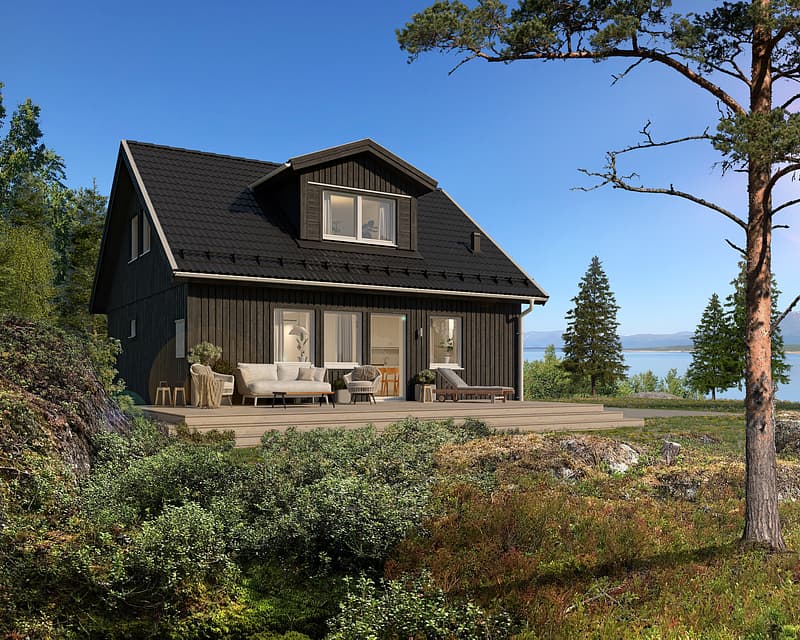 Bilde av huset Lasse med 34 graders takvinkel, forhøyet veggliv og ark på taket