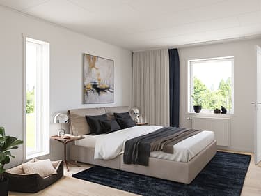 Bilde av et soverom i husmodellen Minna, ferdig innredet