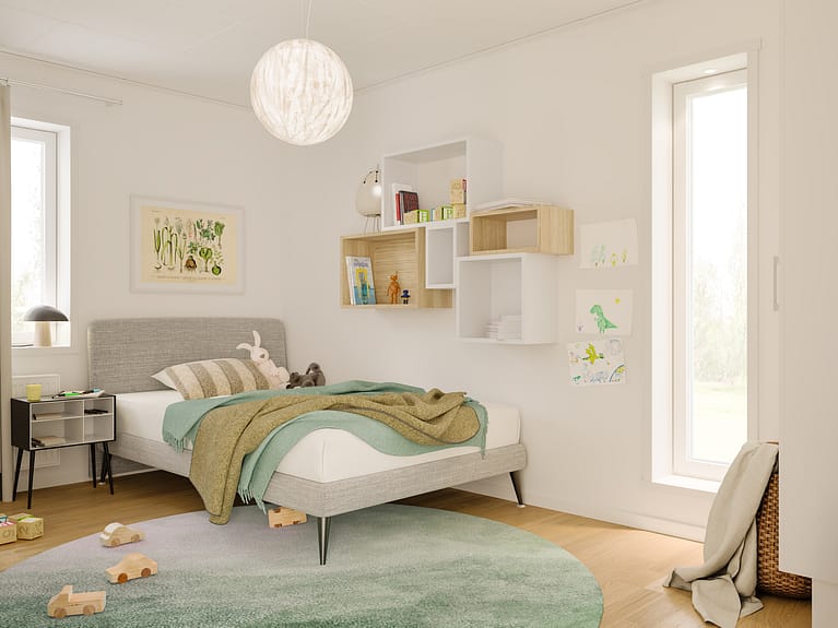 Bilde av barnerommet og langt dekorvindu i huset Edith